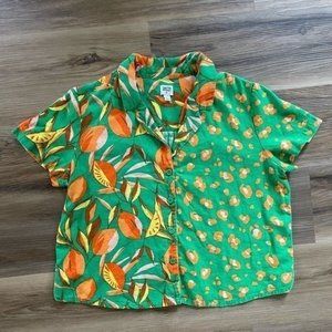 Green Jungle and Cheetah Pattern Cotton Short Sleeve Button Up Boxy Top